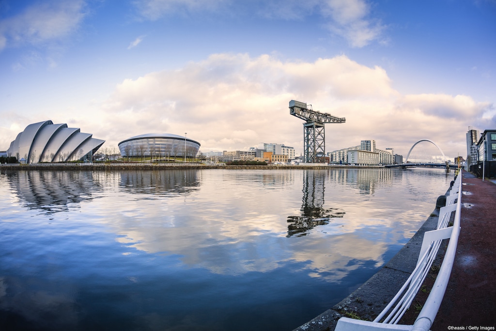 Landmarks-on-the-River-Clyde-in-Glasgow-looking-towards-the-Clyde-Arc-bridge