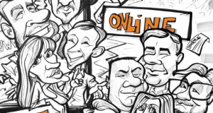 Cartoon crowd of diverse people at a live online event, with signs reading LIVE and ONLINE.