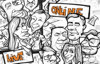 Cartoon crowd of diverse people at a live online event, with signs reading LIVE and ONLINE.
