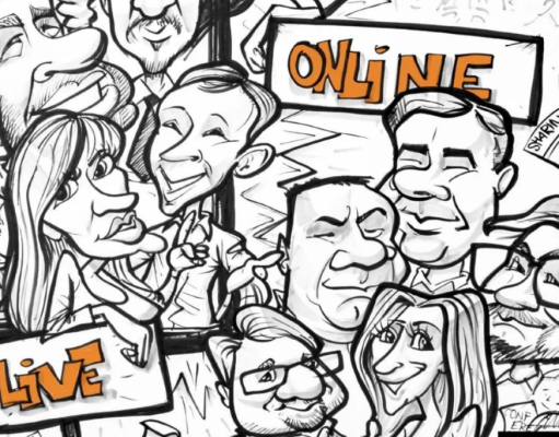 Cartoon crowd of diverse people at a live online event, with signs reading LIVE and ONLINE.