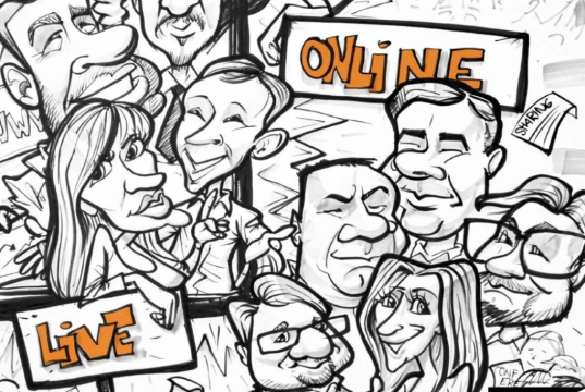 Cartoon crowd of diverse people at a live online event, with signs reading LIVE and ONLINE.