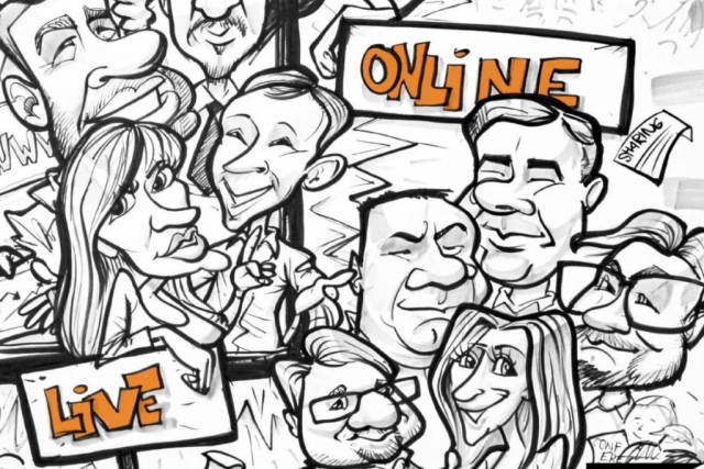 Cartoon crowd of diverse people at a live online event, with signs reading LIVE and ONLINE.