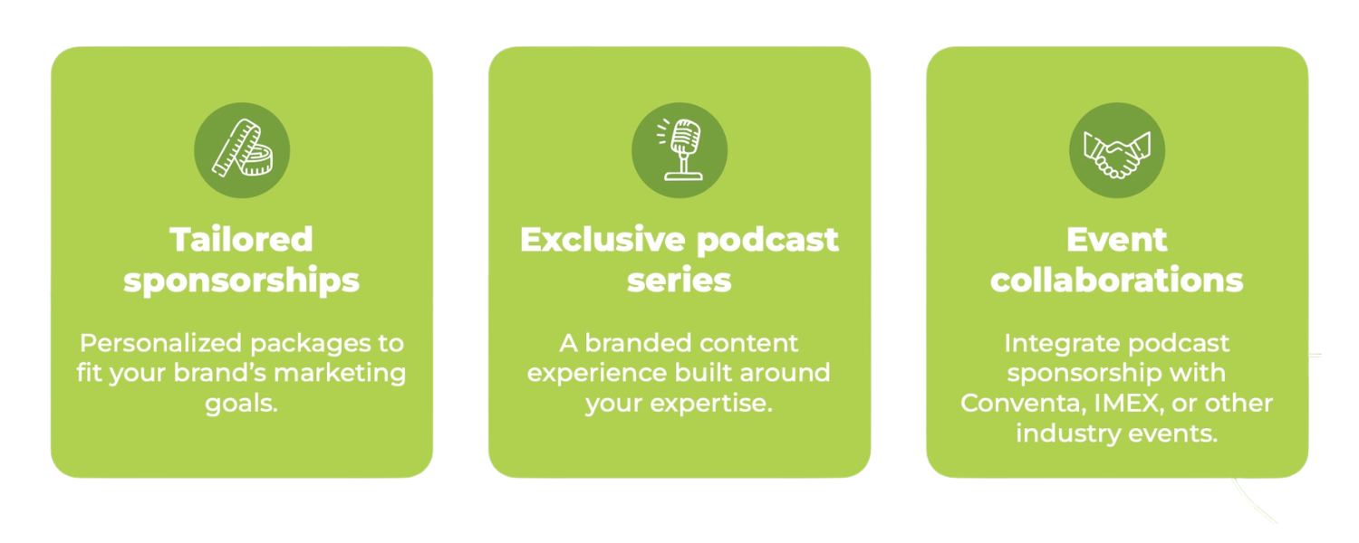 Infographic with three green rounded cards describing services: 1) Tailored sponsorships—personalized packages to fit your brand's marketing goals; 2) Exclusive podcast series—branded content built around your expertise; 3) Event collaborations—integrate podcast sponsorship with industry events.