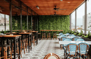 Rooftop cafe seating area with tall wooden tables and stools on the left, blue-patterned chairs and white tables on the right, glass walls, and a green leafy wall at the back with city buildings in the distance.