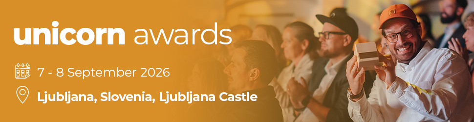Unicorn Awards banner announcing the 7–8 September 2026 event in Ljubljana, Slovenia, with a smiling man in an orange cap holding a box.