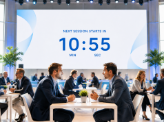 Business conference lounge with attendees chatting at white tables while a large countdown screen reads 'Next session starts in 10:55' in blue text behind them, bright natural light.