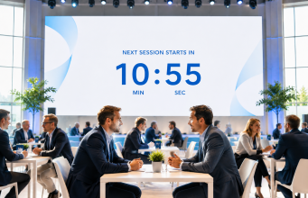 Business conference lounge with attendees chatting at white tables while a large countdown screen reads 'Next session starts in 10:55' in blue text behind them, bright natural light.
