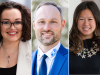 Three professional headshots: left a smiling woman with curly hair, glasses, and a beige blazer; center a smiling man in a blue suit with an embroidered collar; right a smiling woman with long dark hair and a floral necklace.