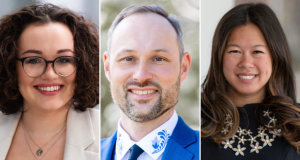Three professional headshots: left a smiling woman with curly hair, glasses, and a beige blazer; center a smiling man in a blue suit with an embroidered collar; right a smiling woman with long dark hair and a floral necklace.
