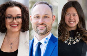 Three professional headshots: left a smiling woman with curly hair, glasses, and a beige blazer; center a smiling man in a blue suit with an embroidered collar; right a smiling woman with long dark hair and a floral necklace.