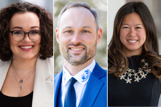 Three professional headshots: left a smiling woman with curly hair, glasses, and a beige blazer; center a smiling man in a blue suit with an embroidered collar; right a smiling woman with long dark hair and a floral necklace.