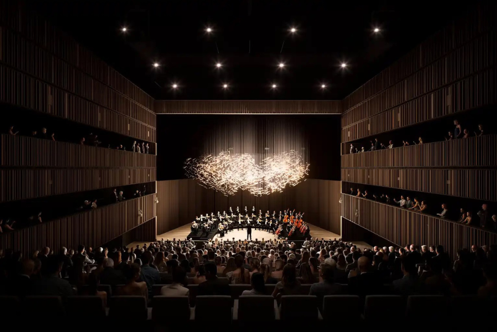 osijek_centre Concert hall with an orchestra performing on stage under dramatic hanging lights, surrounded by a multi-tier audience gallery.