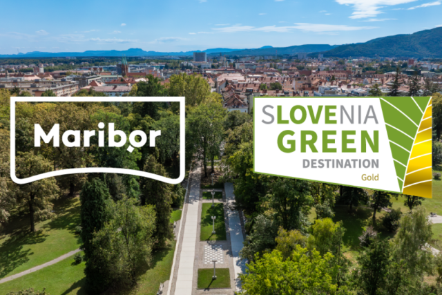 maribor_slovenia Aerial view of a Slovenian town with two overlapping logos: ‘Maribor’ on the left and ‘Slovenia Green Destination Gold’ on the right, set over a park and cityscape backdrop.
